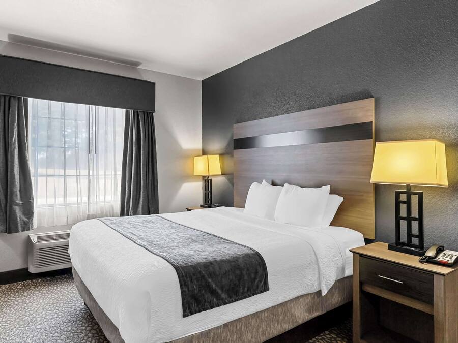 A hotel room with a large bed, two bedside tables with lamps, a heater, and a view of the outdoors through a window with curtains.