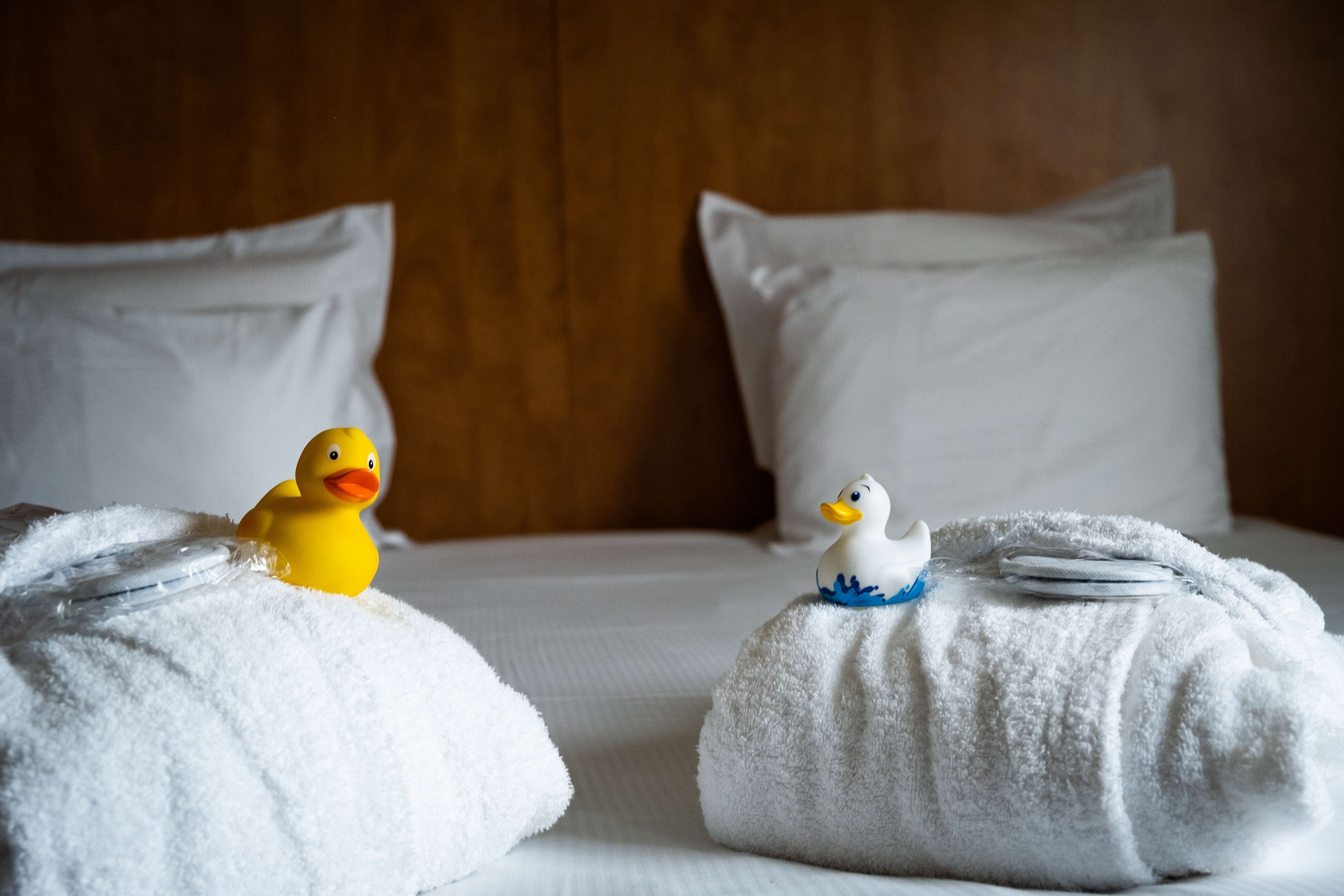 Une chambre d’hôtel avec deux lits, chacun équipé d’un oreiller blanc et d’une serviette blanche.