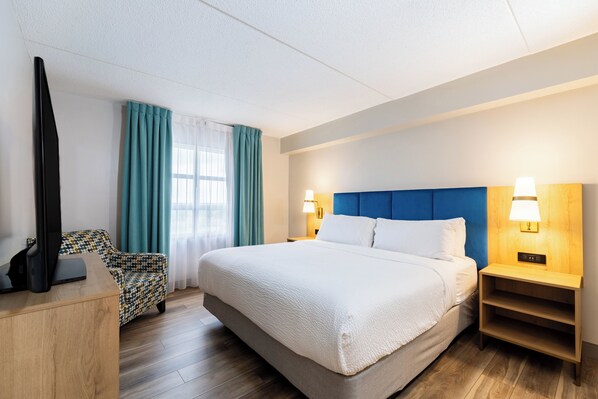 Desk, laptop workspace, blackout curtains, iron/ironing board