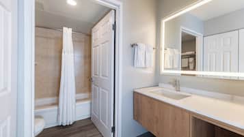 A bathroom with a shower, toilet, and vanity with a mirror.
