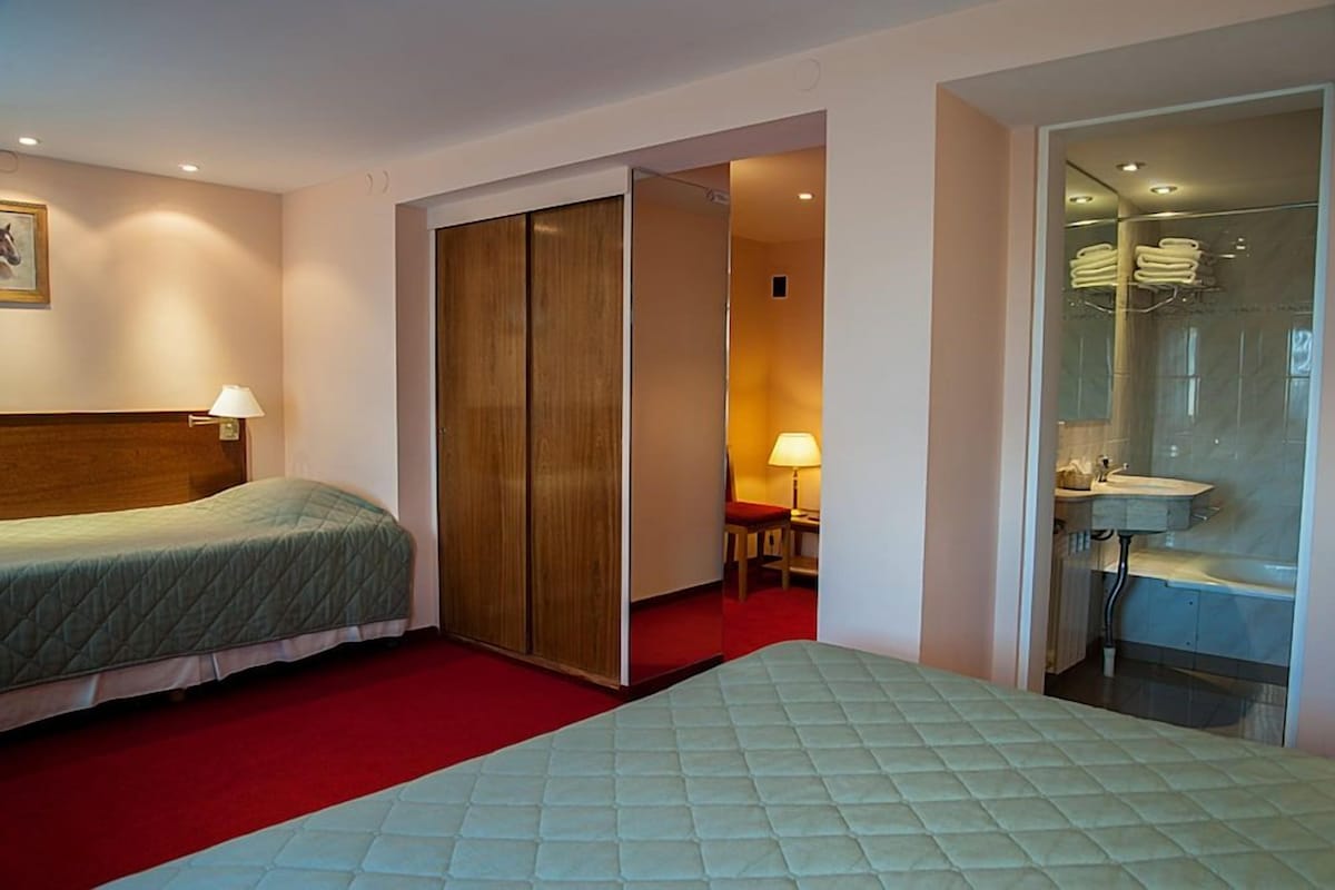 A hotel room with a bed, a desk, a chair, a wardrobe, and a bathroom with a sink and mirror.