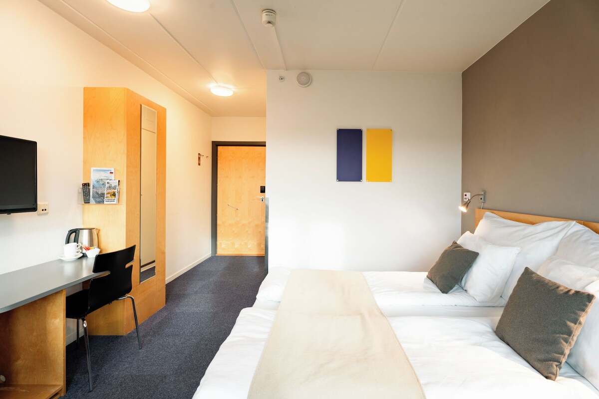 A hotel room with a bed, a desk, a chair, a television, and a door.