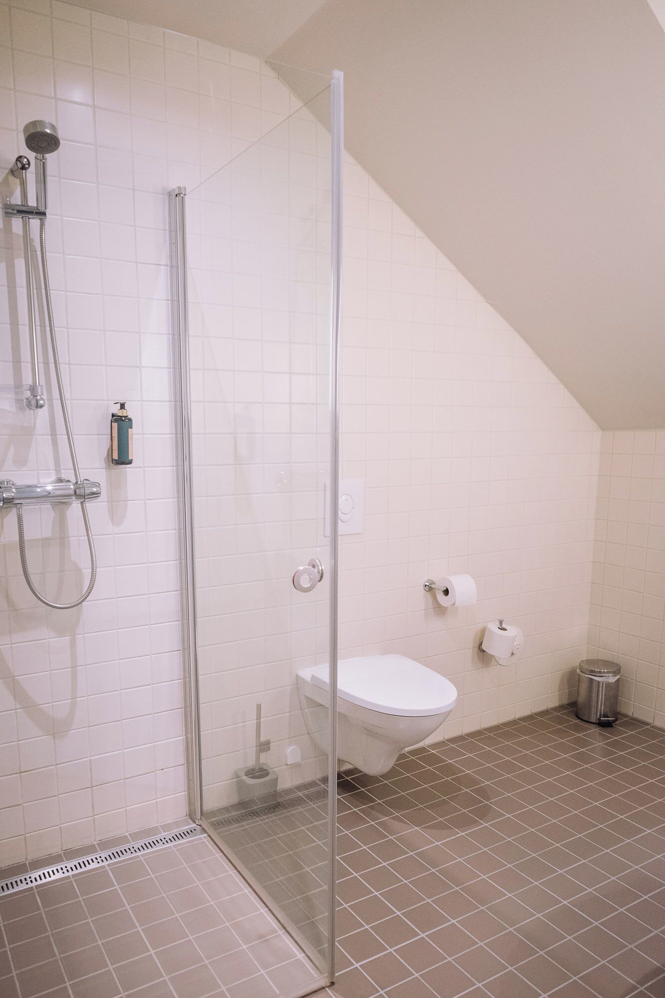 Un baño con ducha envuelta en vidrio, un inodoro y un cesto de basura.