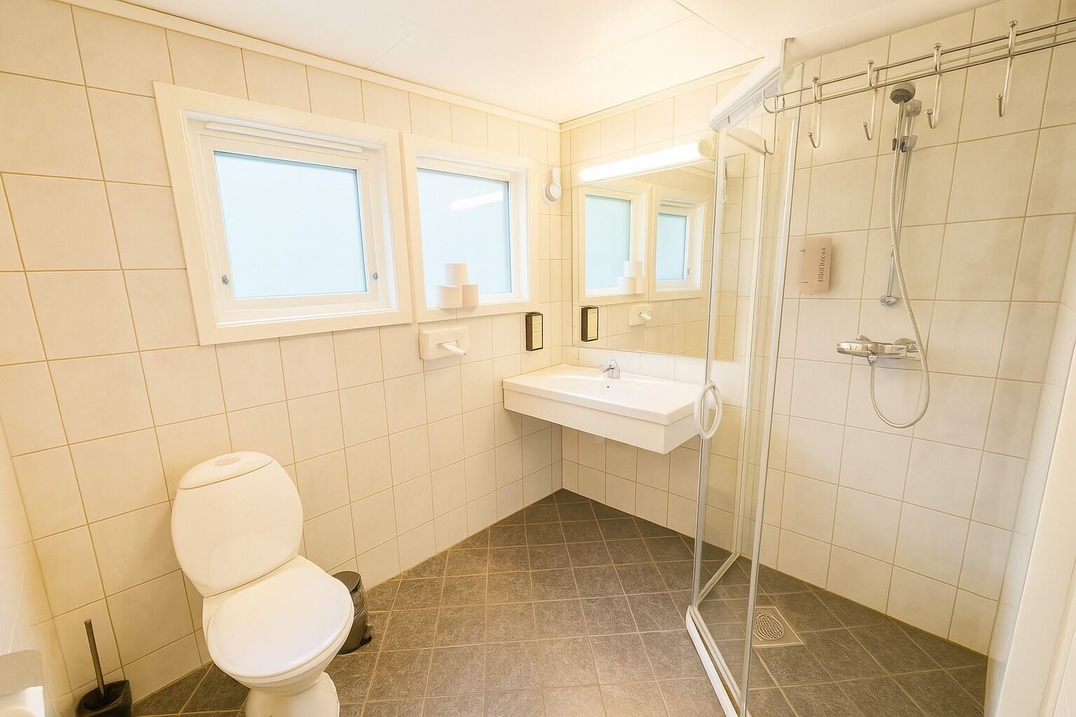 A bathroom with a toilet, a sink, a shower, and a window.