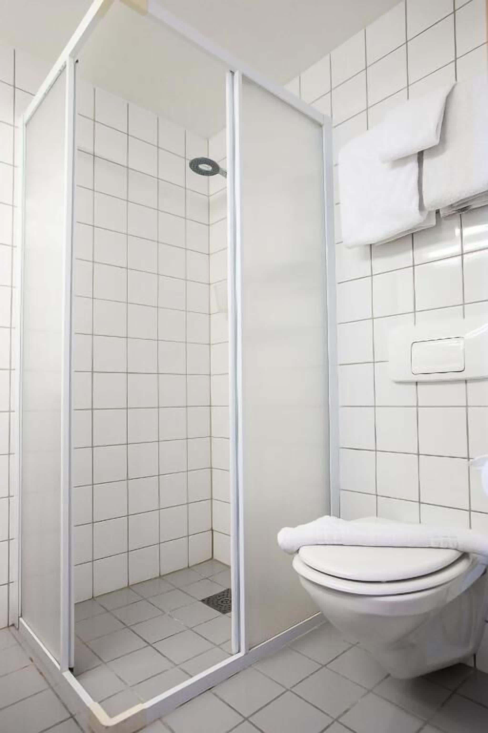 Un bagno con doccia vetrata, un WC e un porta asciugamani.