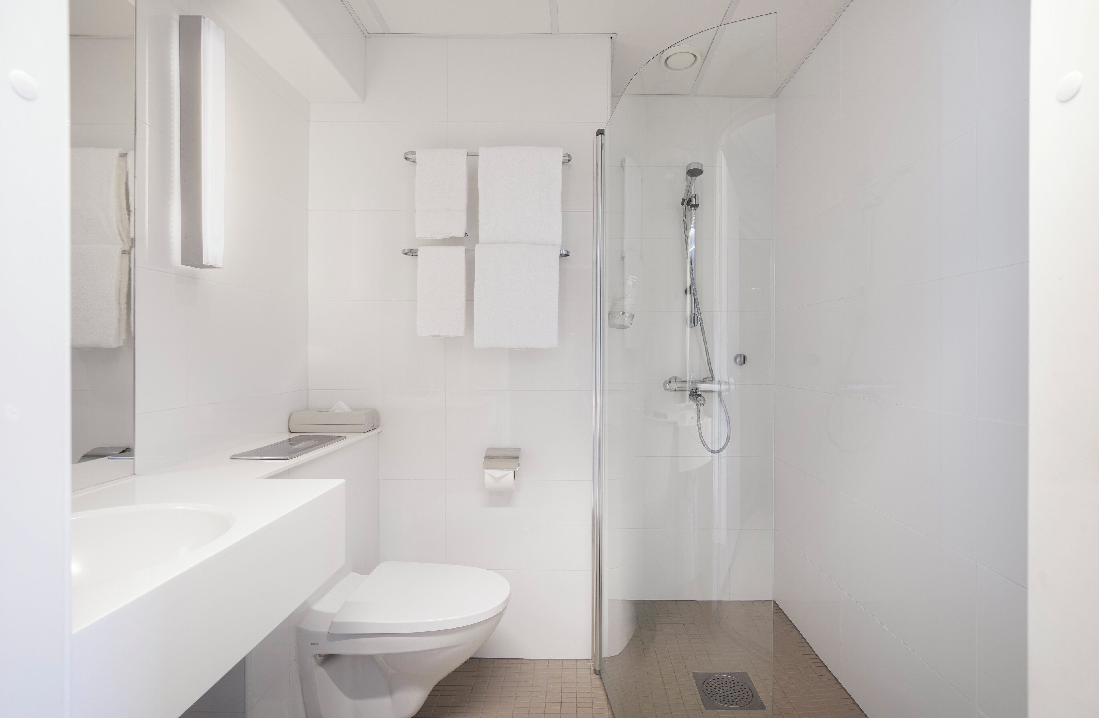 shower, hair dryer, bidet, towels