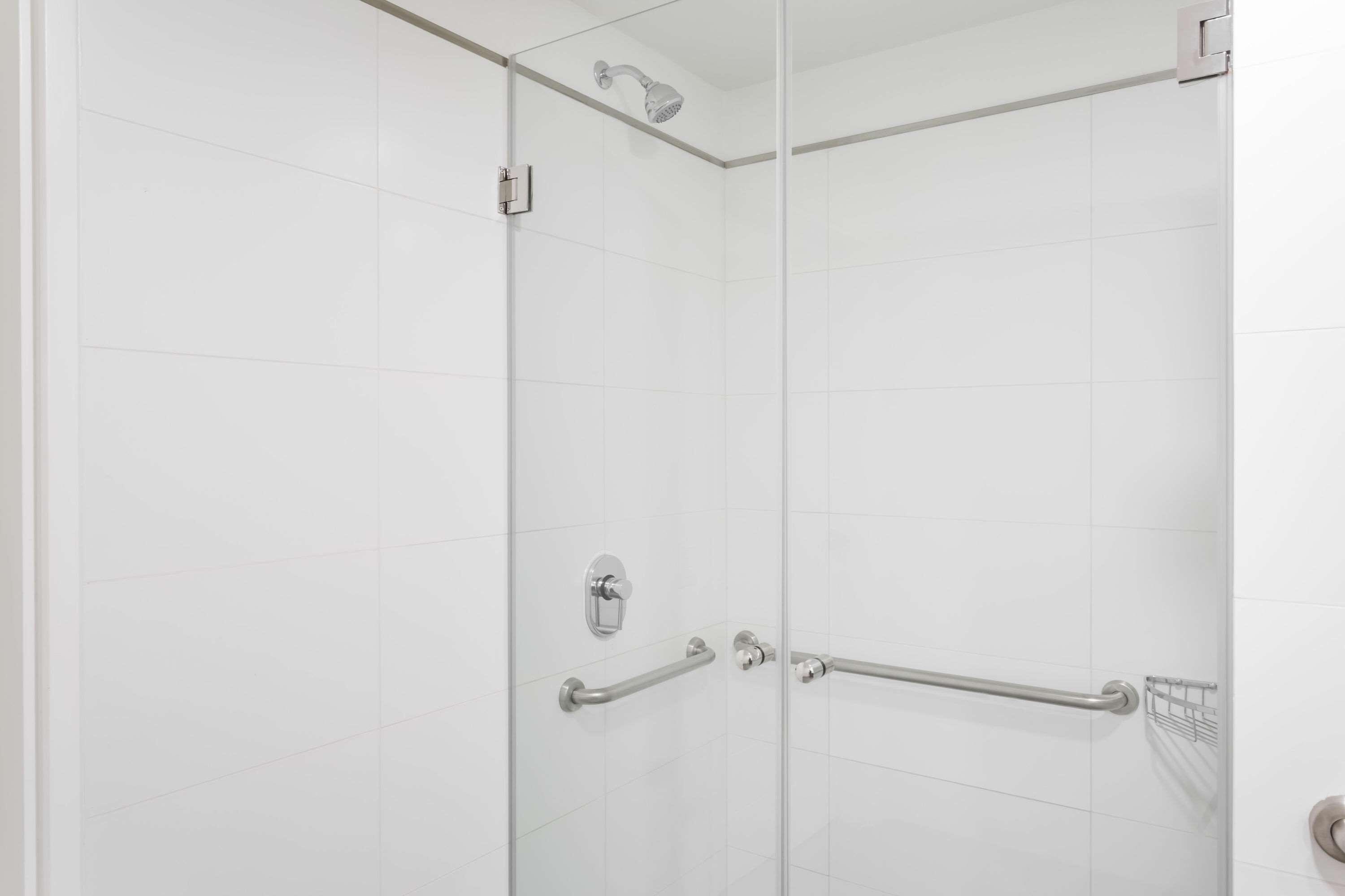 A glass-enclosed shower with a handheld showerhead, a handheld shower control, and a grab bar.
