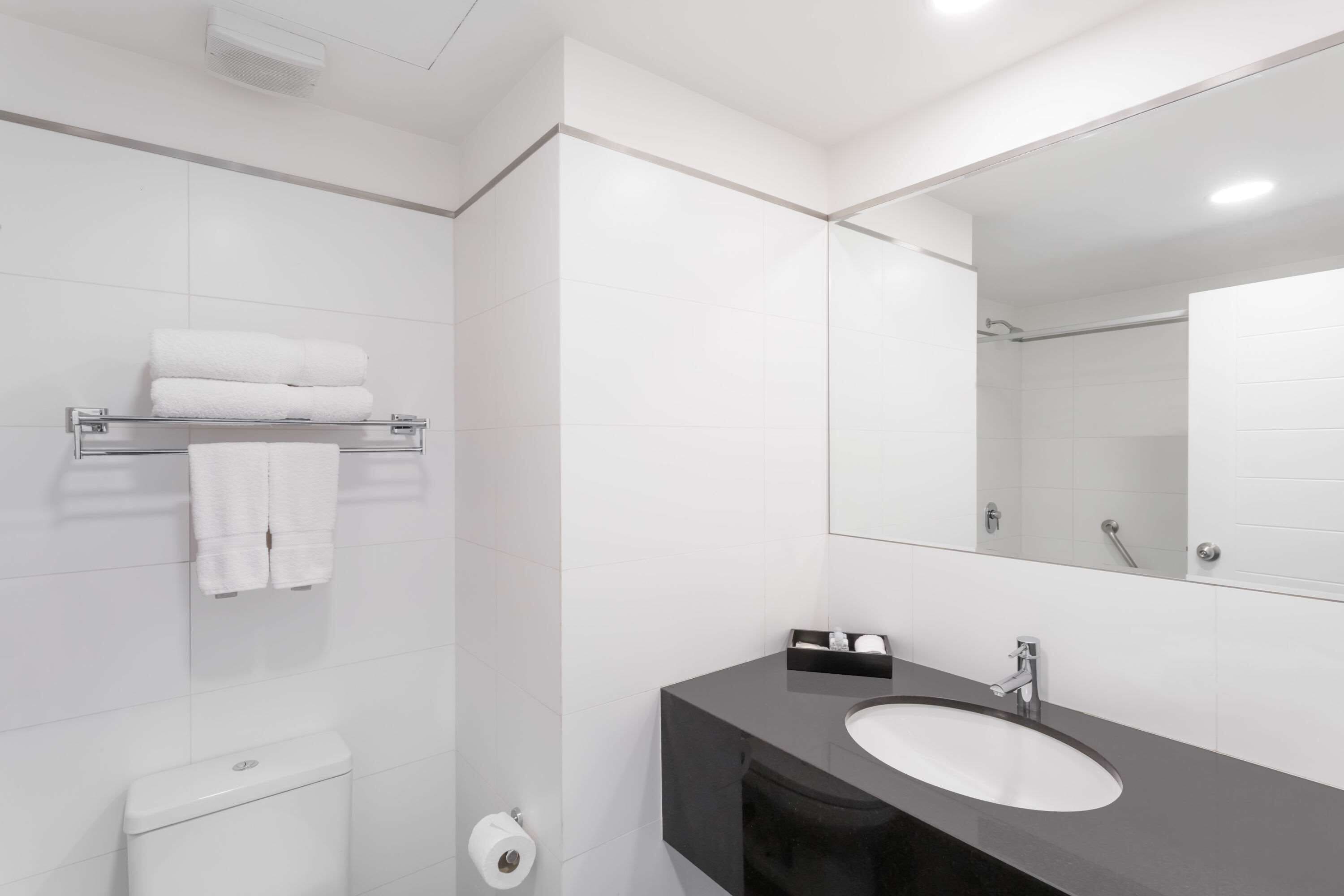 A modern bathroom with a white toilet, a sink with a dark countertop, and a mirror above the sink.