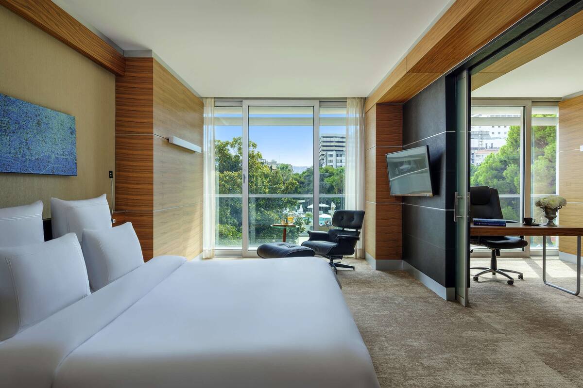 Habitación de hotel con una cama grande, un escritorio con silla, televisión y vistas a zonas verdes y edificios.