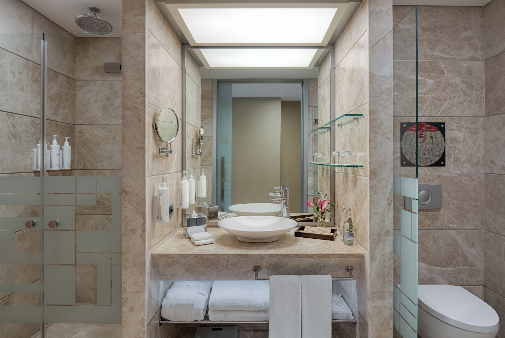 A modern bathroom with a glass-enclosed shower, a vanity with a sink, and a toilet.