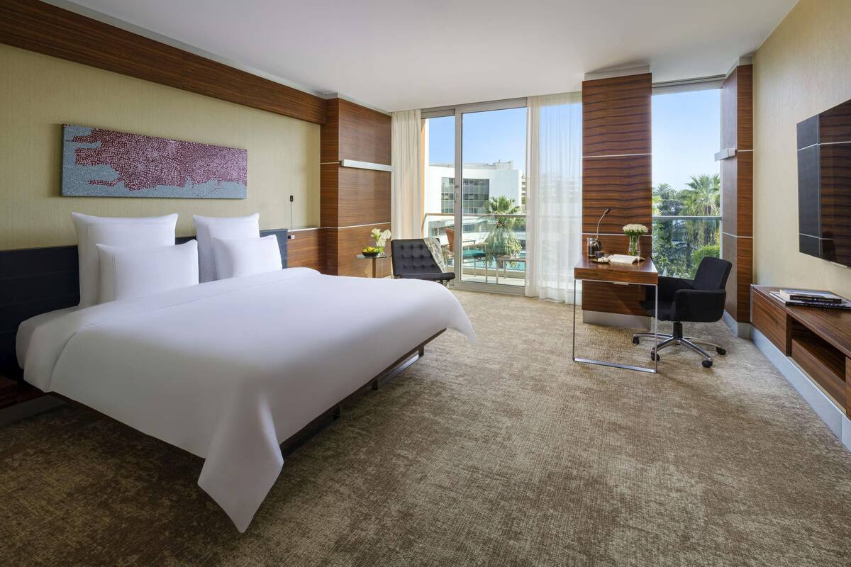 Habitación de hotel con una cama grande, un escritorio con silla, televisión y vistas al exterior.