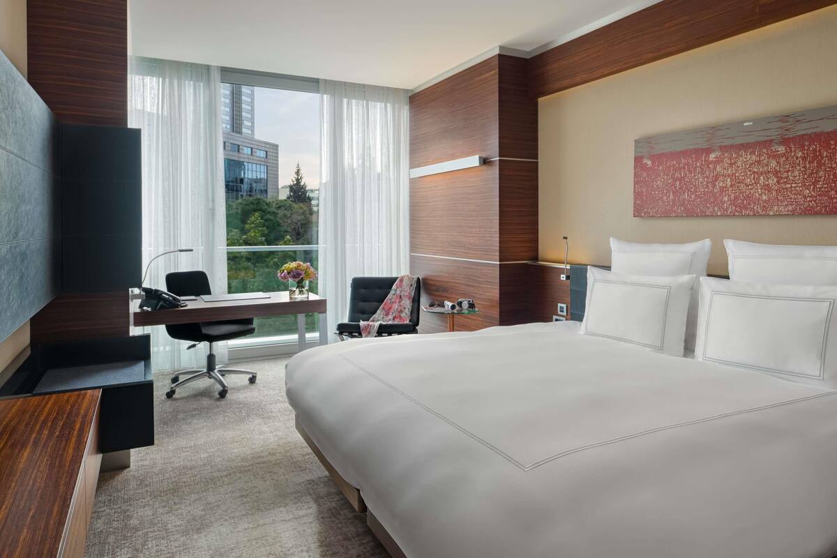 Une chambre d’hôtel avec un grand lit, un bureau avec une chaise, une télévision et une vue sur les bâtiments par la fenêtre.