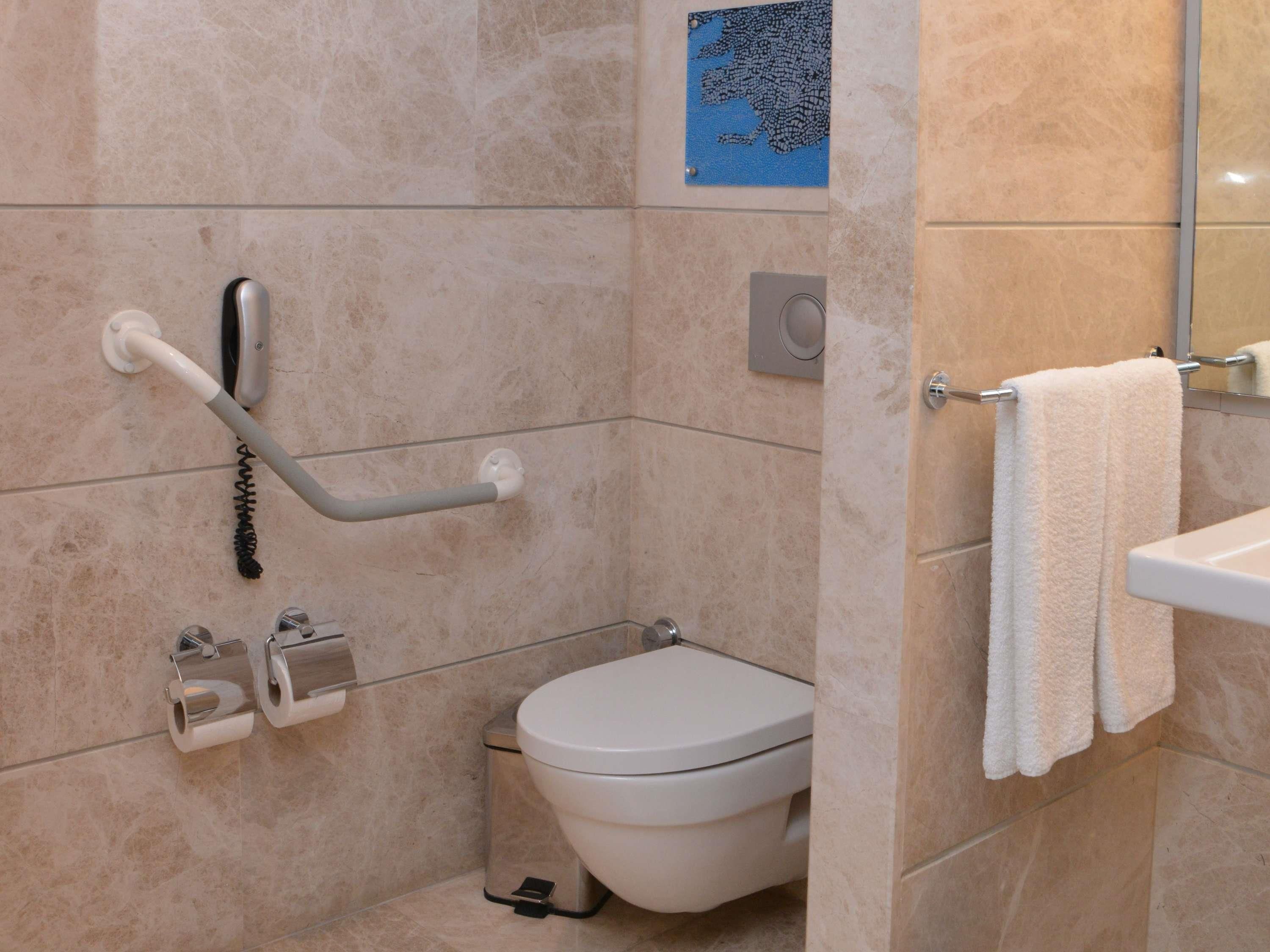 Ein Badezimmer mit Toilette, Haltegriff, Mülleimer und Handtuchhalter.