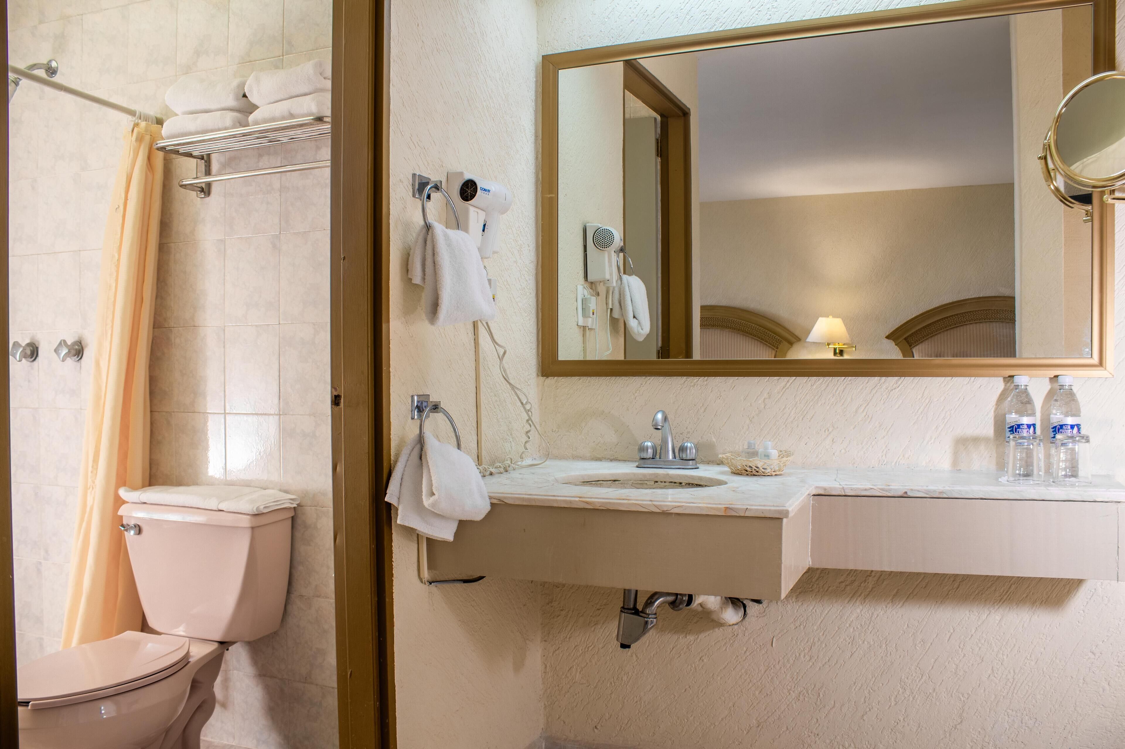 A bathroom with a toilet, shower, sink, and mirror.
