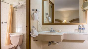 A bathroom with a toilet, shower, sink, and mirror.