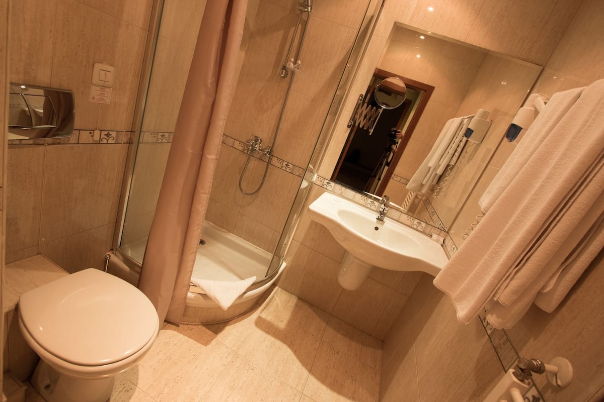 combined shower/bathtub, hair dryer, towels