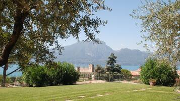 A grassy lawn with a view of a castle and mountains in the background.