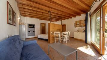 A modern room with a wooden ceiling, a blue sofa, a small table, a bed, a kitchen area, and a sliding glass door to the outside.