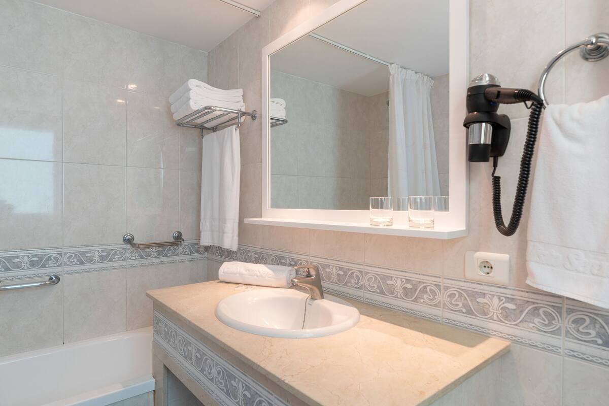 hair dryer, bidet, towels