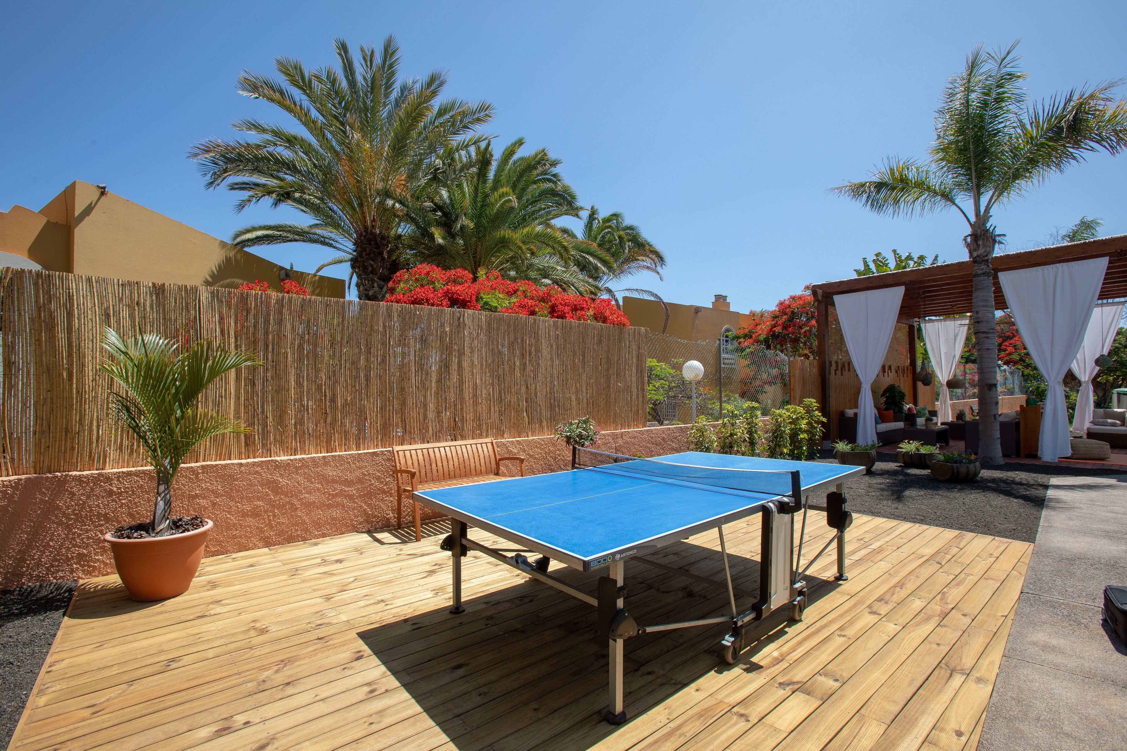 Mesa de ping pong al aire libre sobre una terraza de madera, con un cerco de madera y palmeras al fondo.