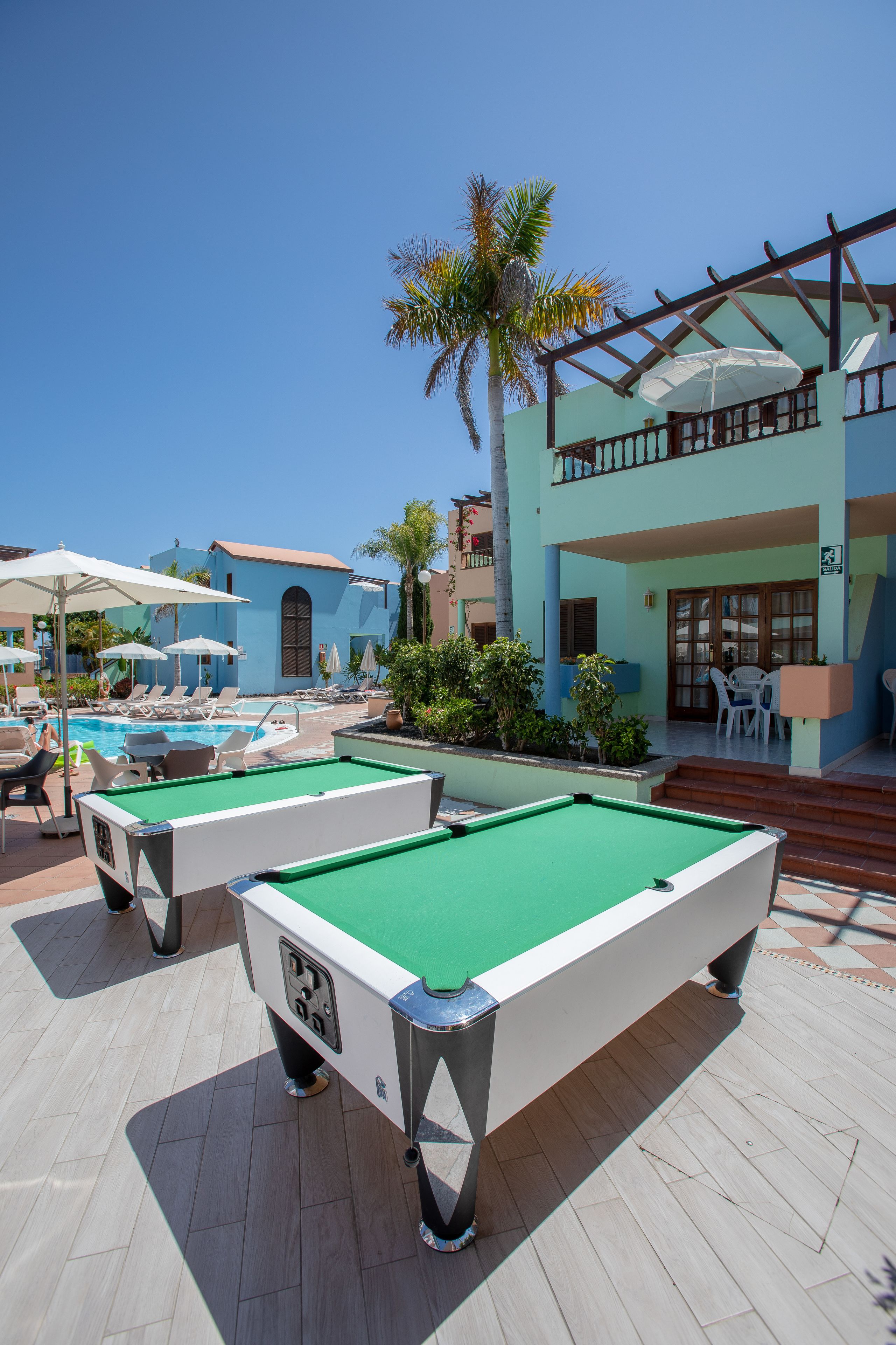 Zona de piscina con dos mesas de billar, sillas de descanso y una palmera.