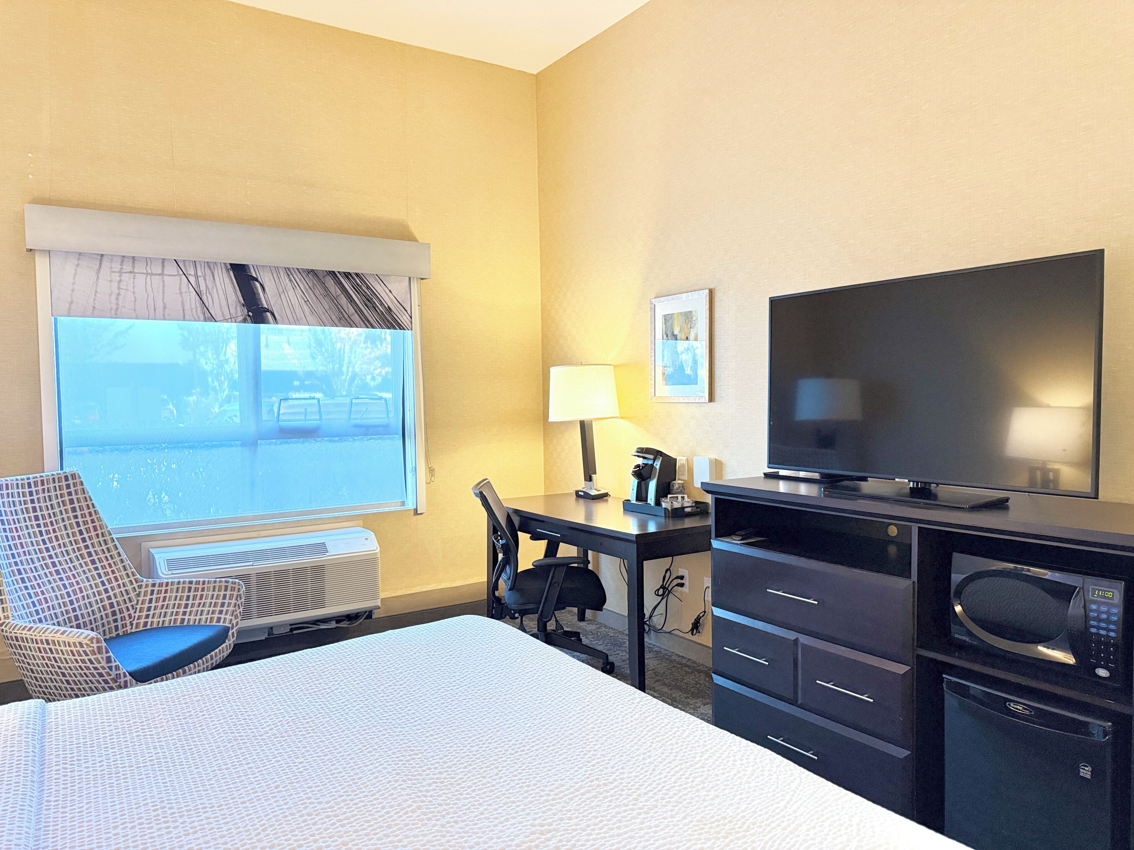 A hotel room with a bed, a desk, a television, a microwave, and a window with a view of the outdoors.