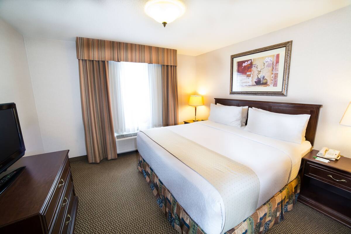 A hotel room with a large bed, a desk with a computer, a lamp, and a framed picture on the wall.