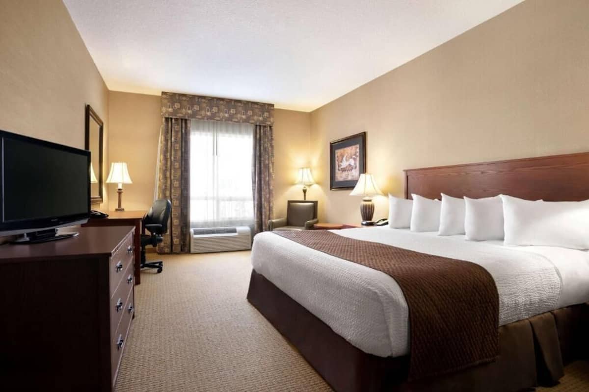Une chambre d’hôtel avec un grand lit, un bureau avec une télévision, une chaise et deux lampes.