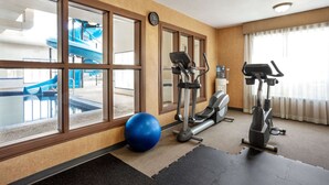 A gym with exercise equipment, a blue exercise ball, and a view of an indoor water slide. - Days Inn & Suites by Wyndham Strathmore (Strathmore)