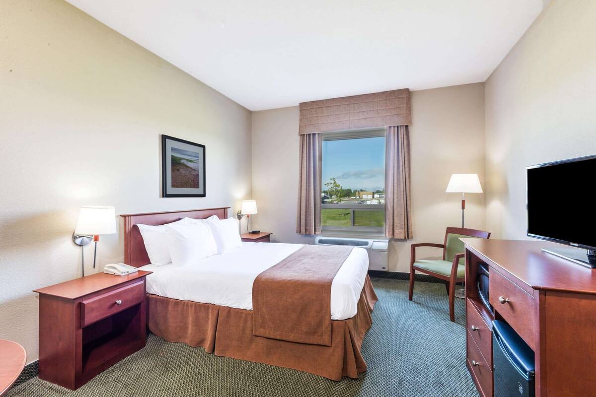Habitación de hotel con cama, escritorio, silla, televisión y ventana con vistas.