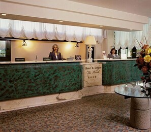 A hotel reception area with a green marble counter, a receptionist, and a check-in desk.