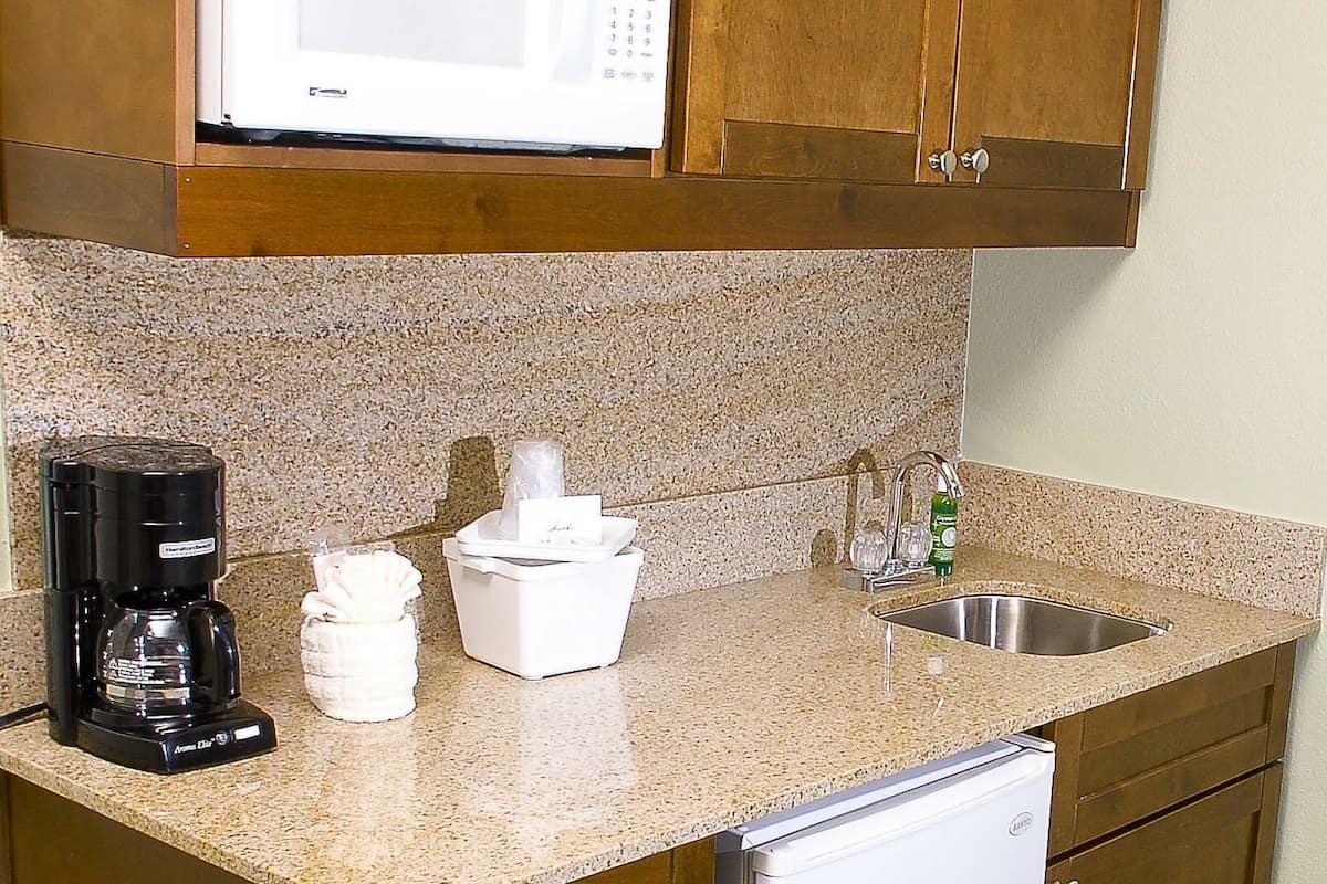 mini-fridge, microwave, coffee/tea maker