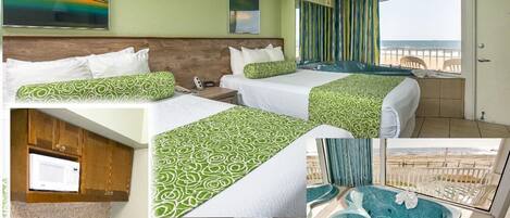Habitación de hotel con dos camas, kitchenette, baño con jacuzzi y balcón con vista a la playa.