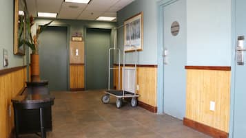A hallway with a reception desk, a plant, a fire safety sign, and a cart.