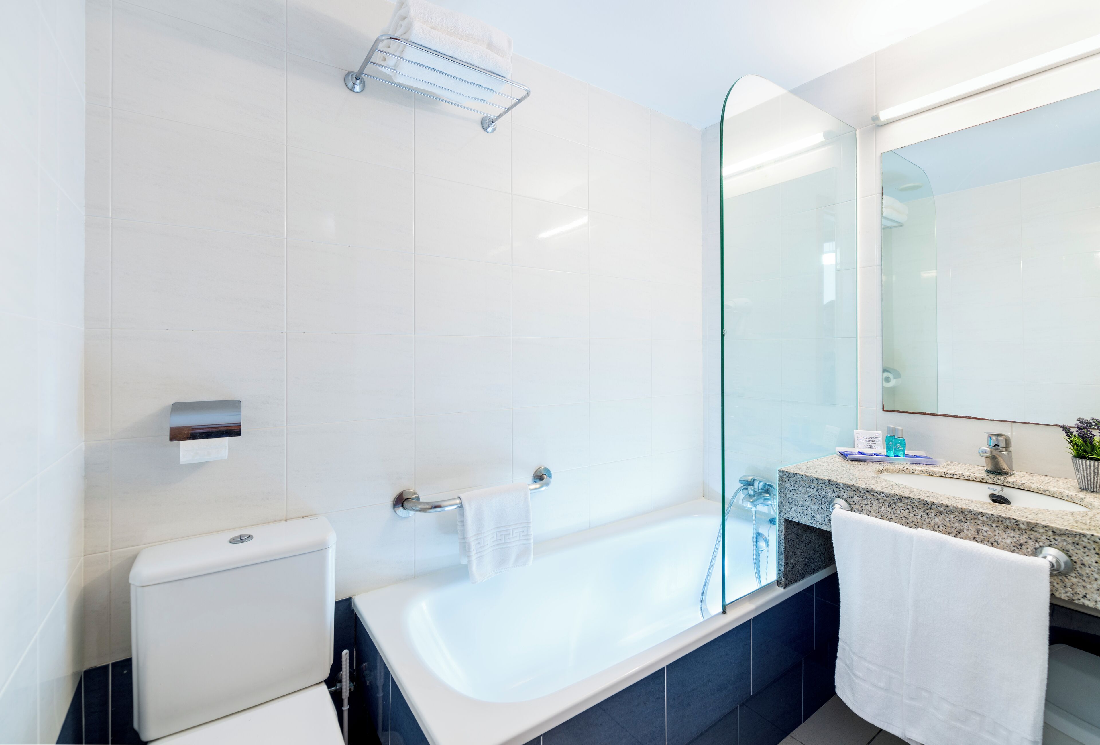 A modern bathroom with a bathtub, a toilet, a glass shower enclosure, and a vanity with a mirror.