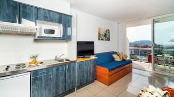 A modern kitchen with a microwave, stove, and sink. There is a blue sofa with cushions and a TV on a wooden stand. A painting is on the wall, and a balcony with a view of the city is visible.