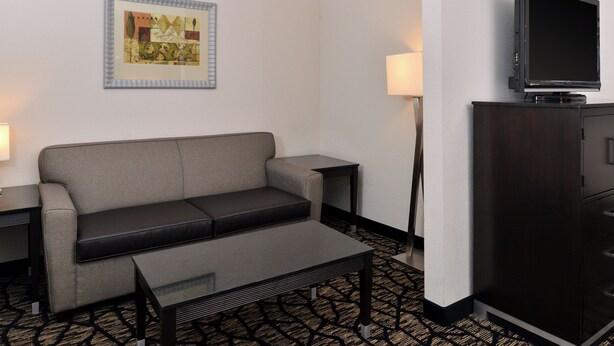 Een hotelkamer met een bank, een klein tafeltje, een televisie op een kast en een ingelijst schilderij aan de muur.