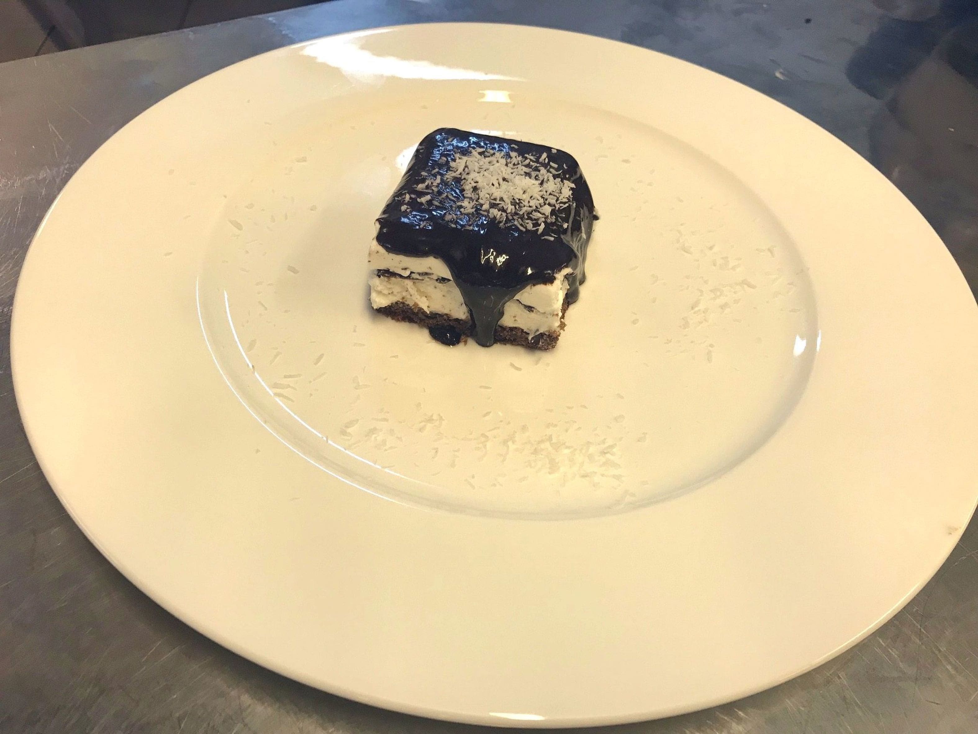 A dessert on a white plate.