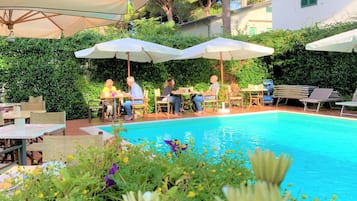 Außenpool, Sonnenschirme, Liegestühle