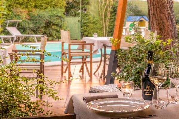 Dinner served, Italian cuisine, pool views