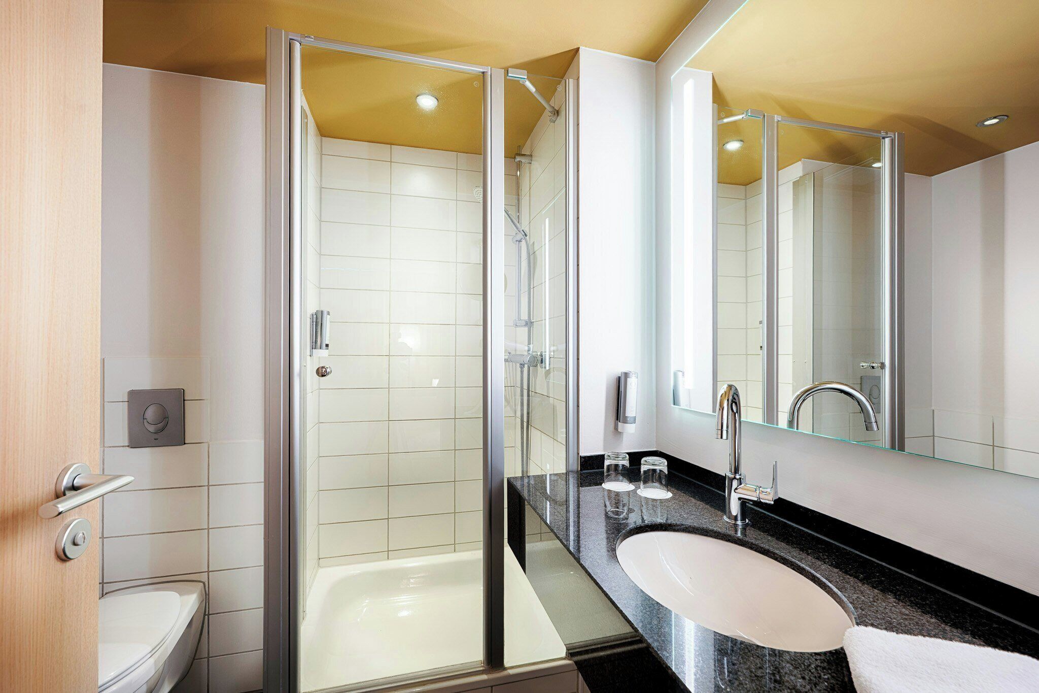A modern bathroom with a glass-enclosed shower, a sink with a mirror, and a toilet.