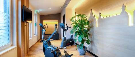 Un gimnasio moderno con equipamiento de ejercicio, un televisor y una planta en maceta.