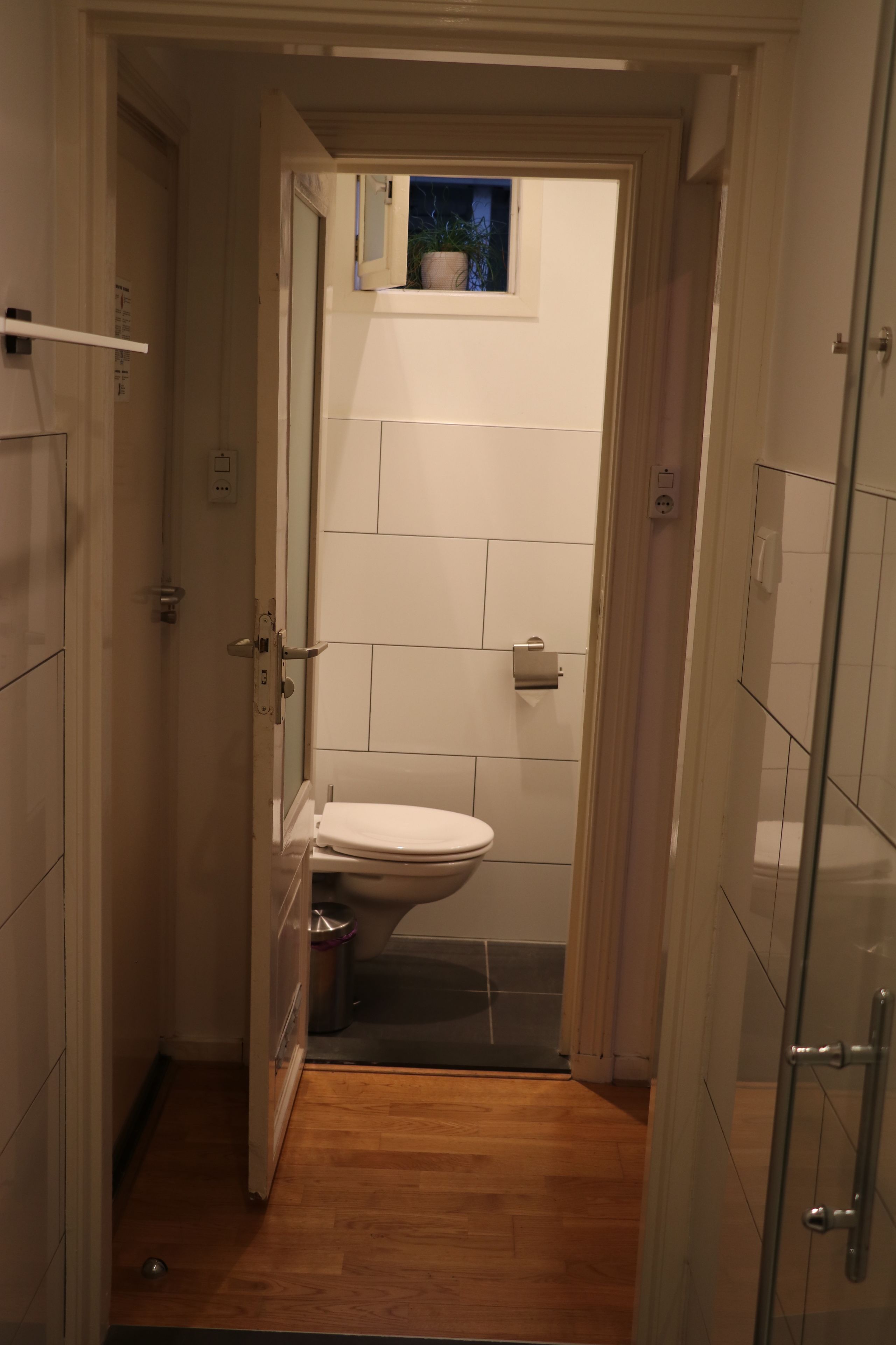 Een kleine badkamer met toilet, een klein raam en een douchehoek.