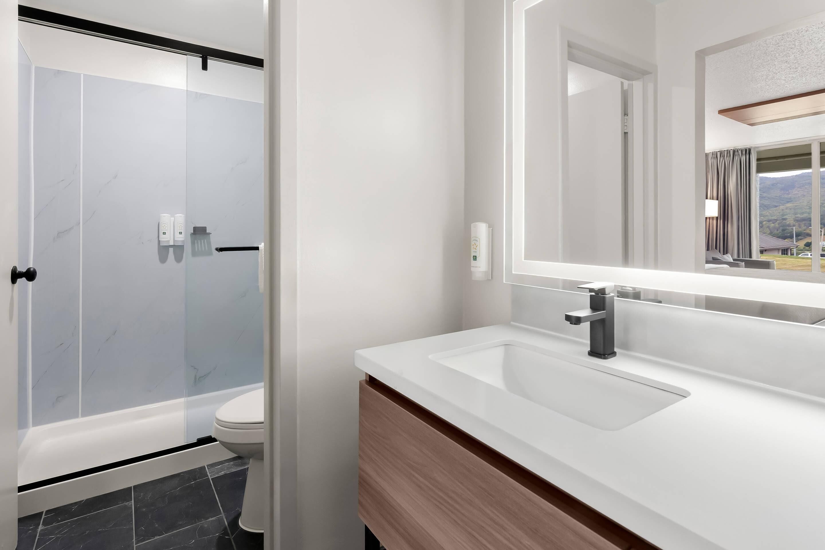 A modern bathroom with a glass-enclosed shower, a white sink, and a large mirror.