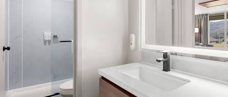 A modern bathroom with a glass-enclosed shower, a white sink, and a large mirror.