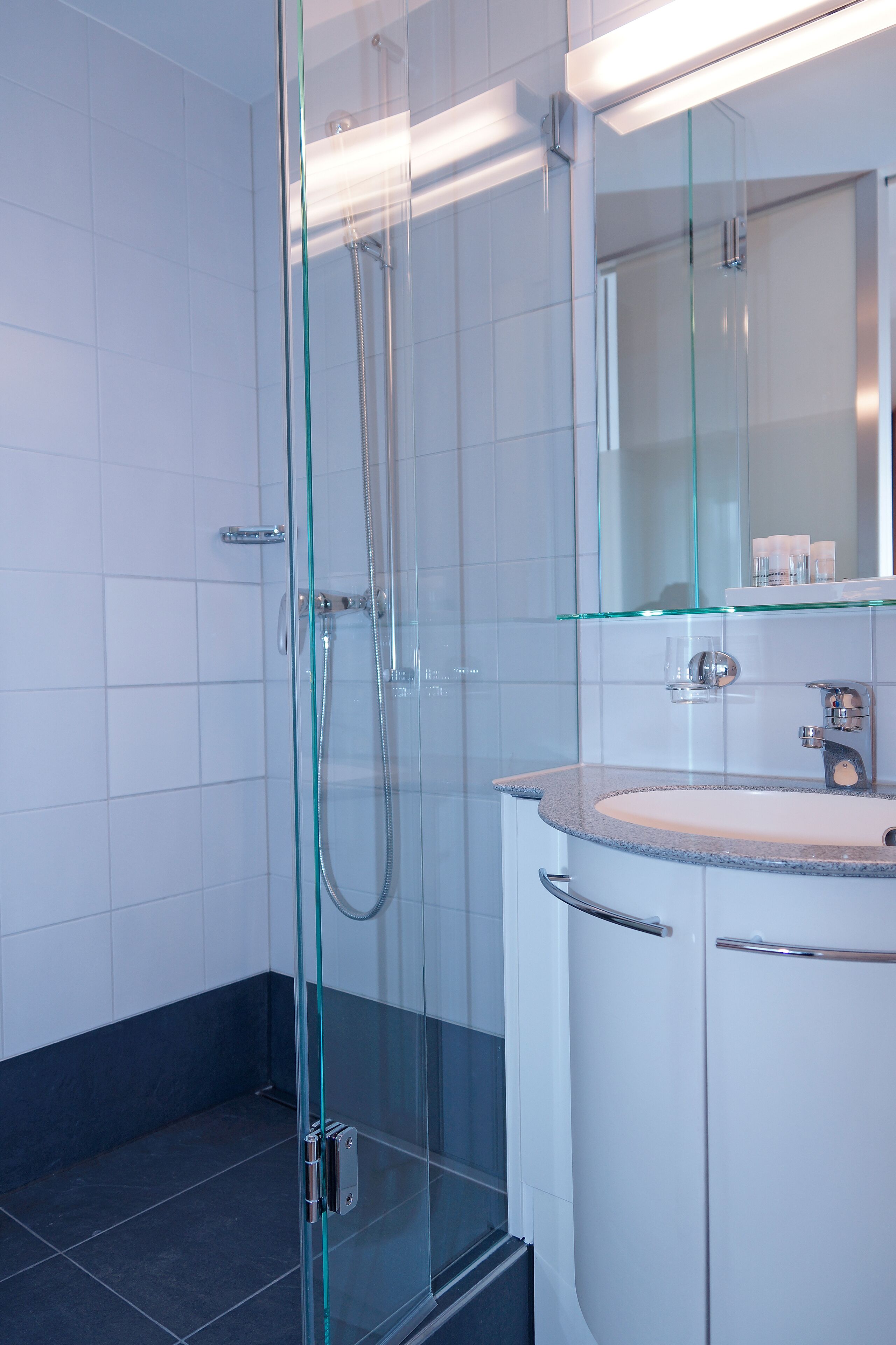 Une salle de bain moderne avec une douche à parois de verre, un lavabo blanc et un miroir au-dessus du lavabo.