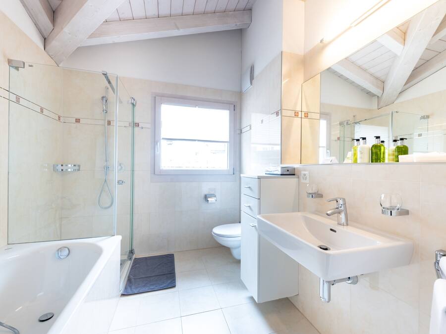 A modern bathroom with a glass-enclosed shower, a white sink, and a toilet.