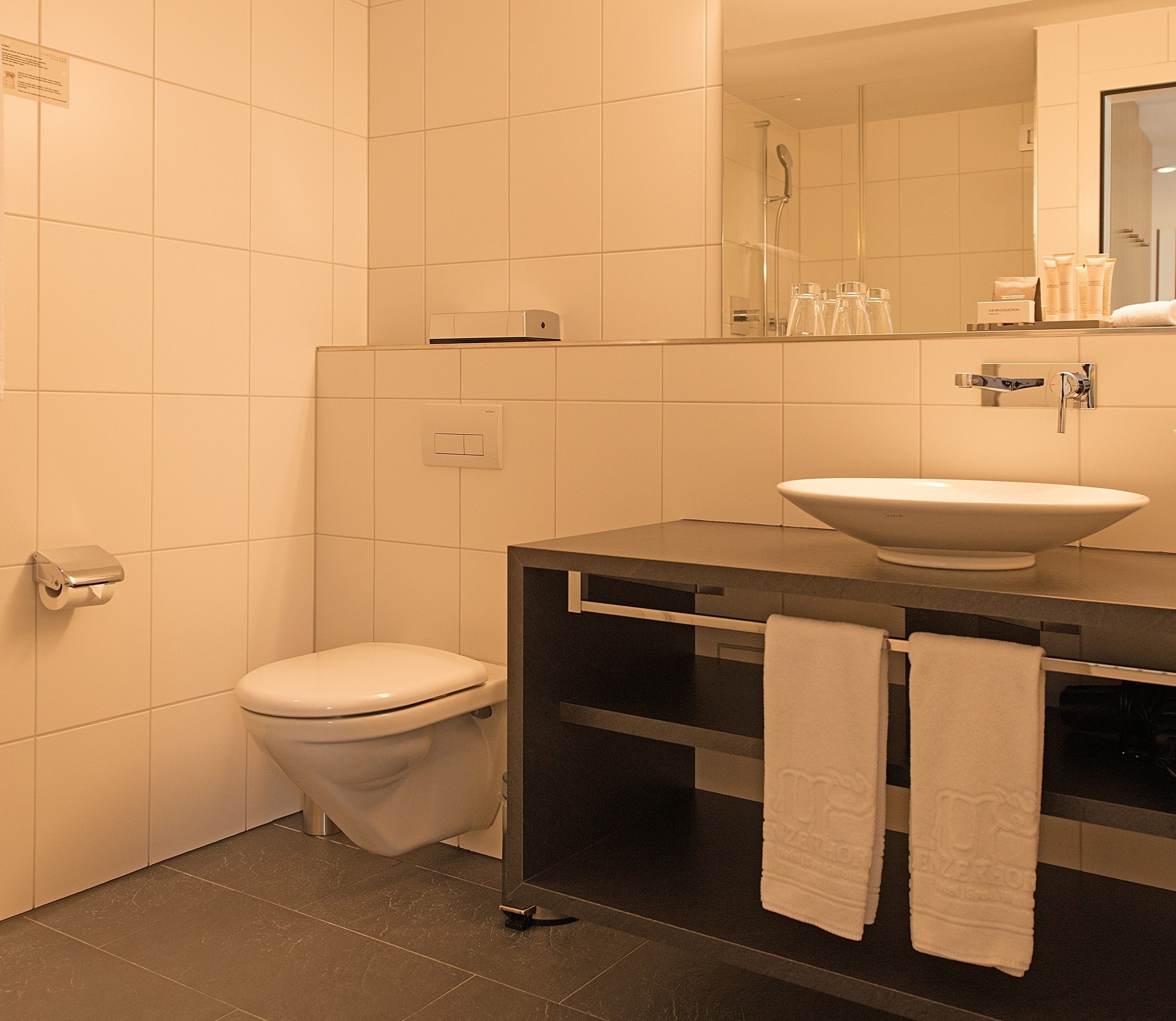 Une salle de bain comprenant des toilettes, un lavabo avec un grand bac, un miroir et un porte-serviettes.