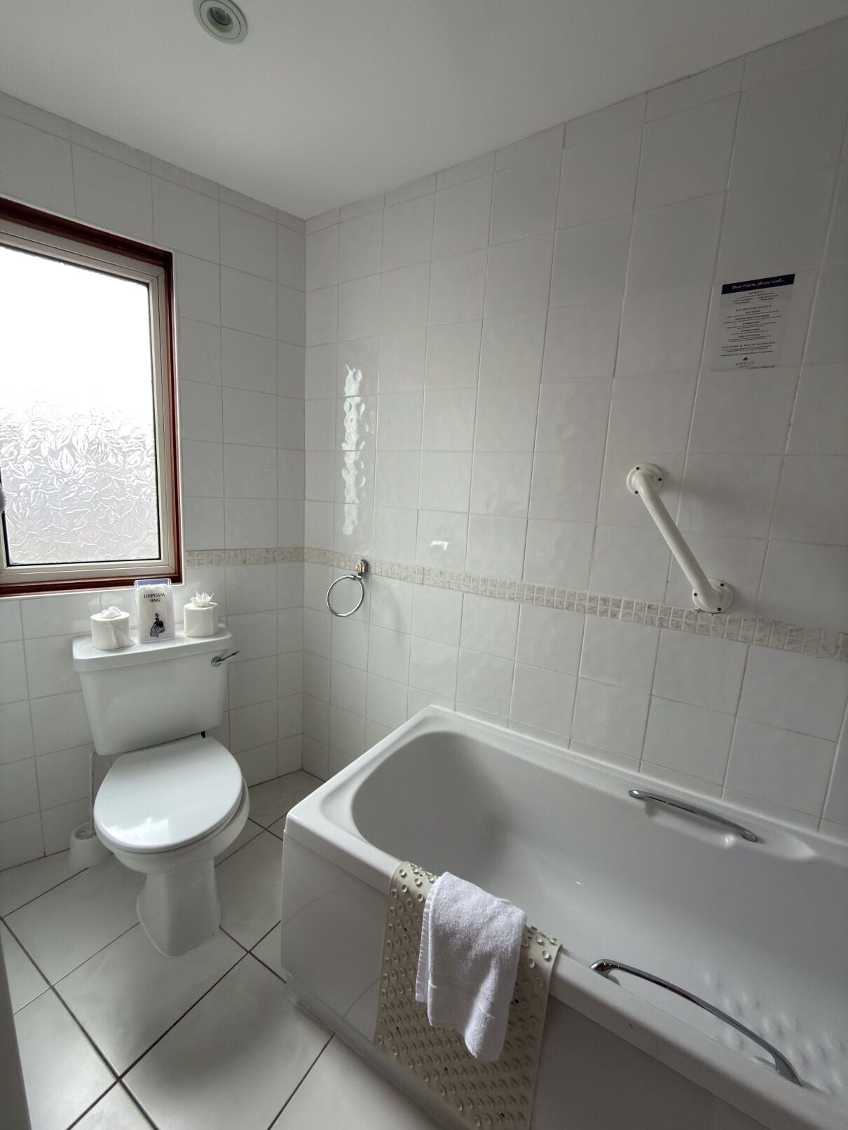 Une salle de bain avec des toilettes, une baignoire et une fenêtre.