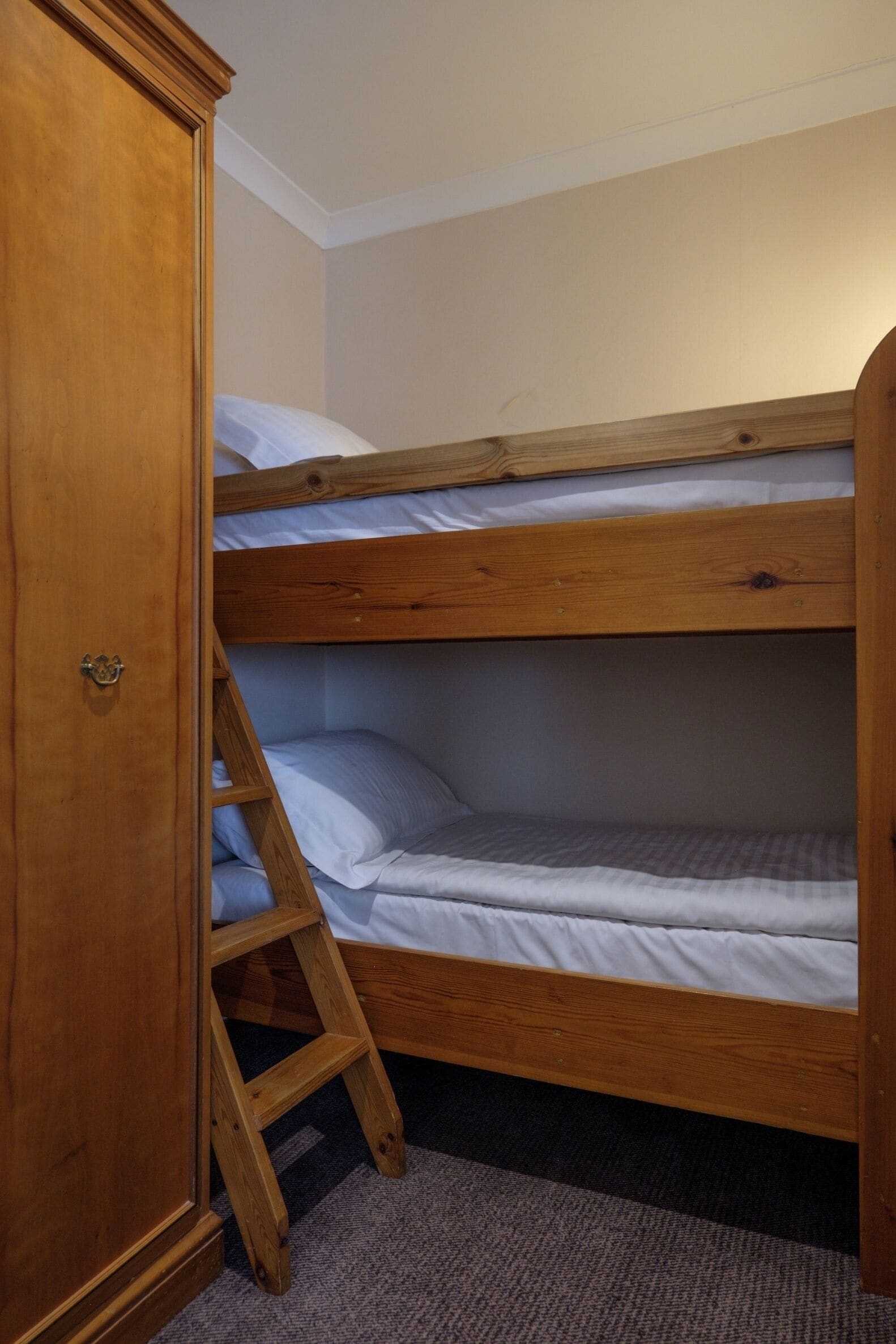A bunk bed with a wooden ladder, a wardrobe, and a carpeted floor.
